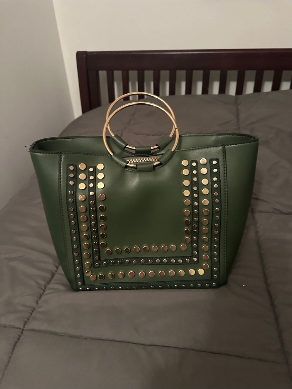 Green Studded Tote Bag with Gold Ring Handles